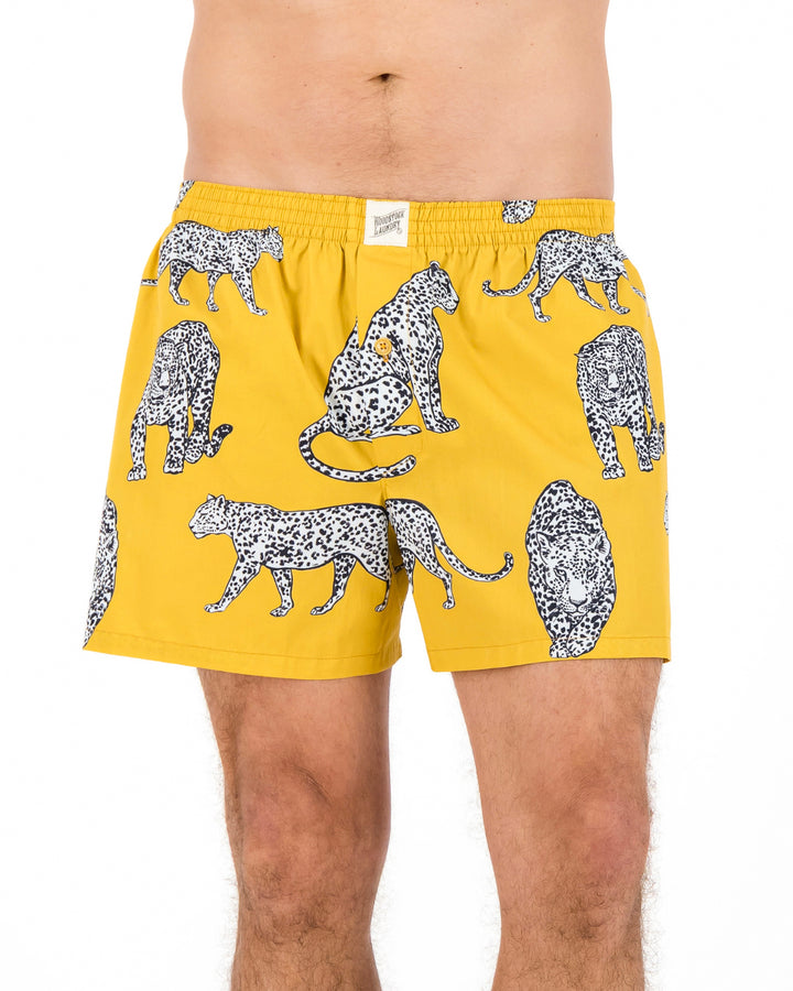 Mens Boxer Shorts - Mono Leopard on Mustard