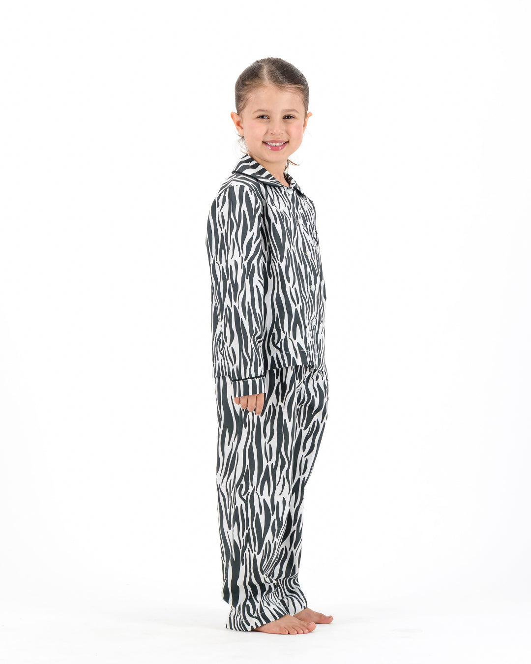 Girls Long Pyjamas - Black Zebra Print on White