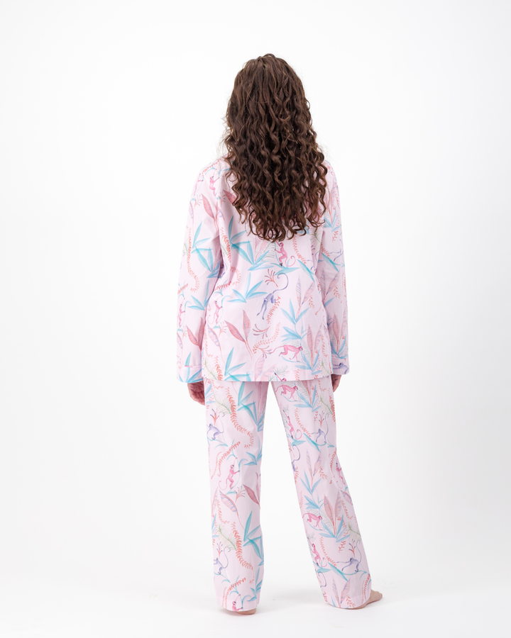 Womens Long Pyjamas - Monkeys on Pink