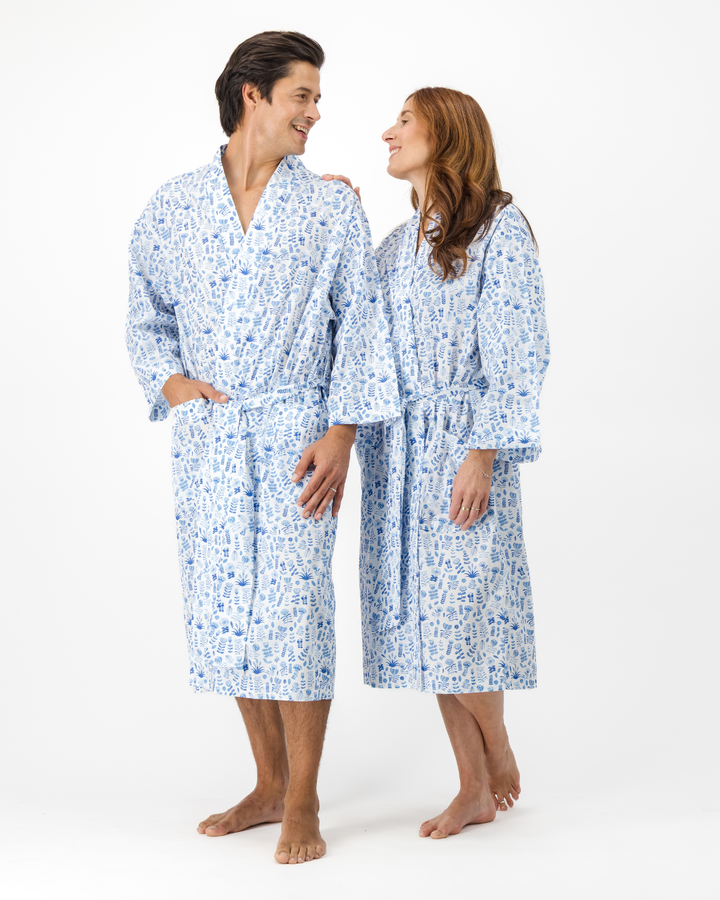 Adults Kimono - Blue Floral on White