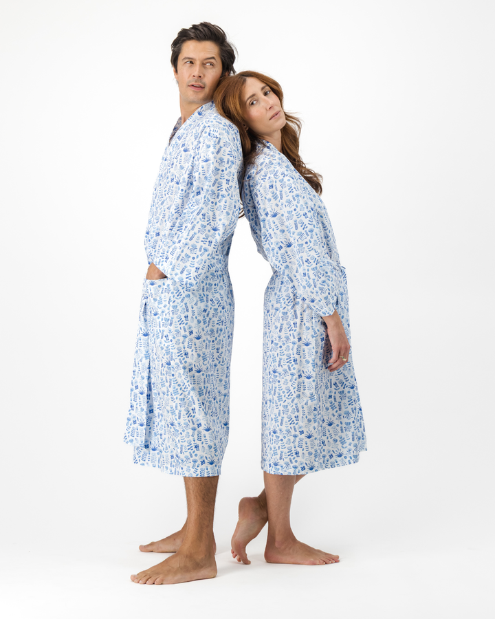 Adults Kimono - Blue Floral on White