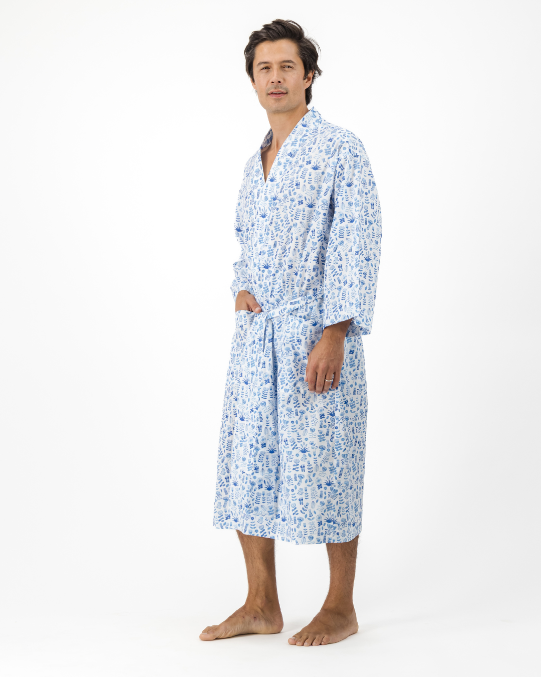 Adults Kimono - Blue Floral on White