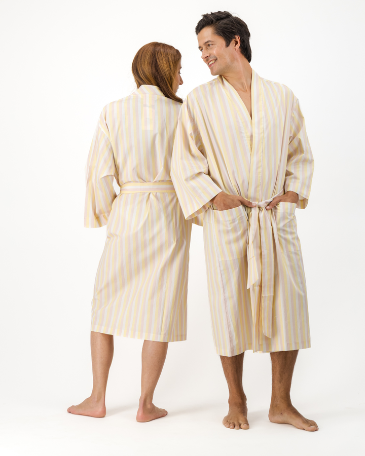 Adults Kimono - Pink and Yellow Stripes on White