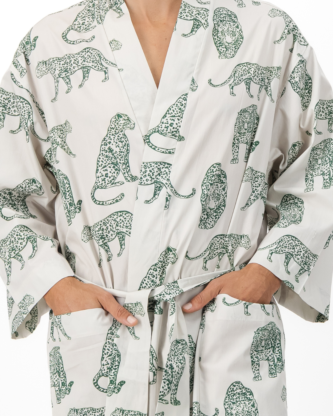 Adults Kimono - Teal Leopard on Off White