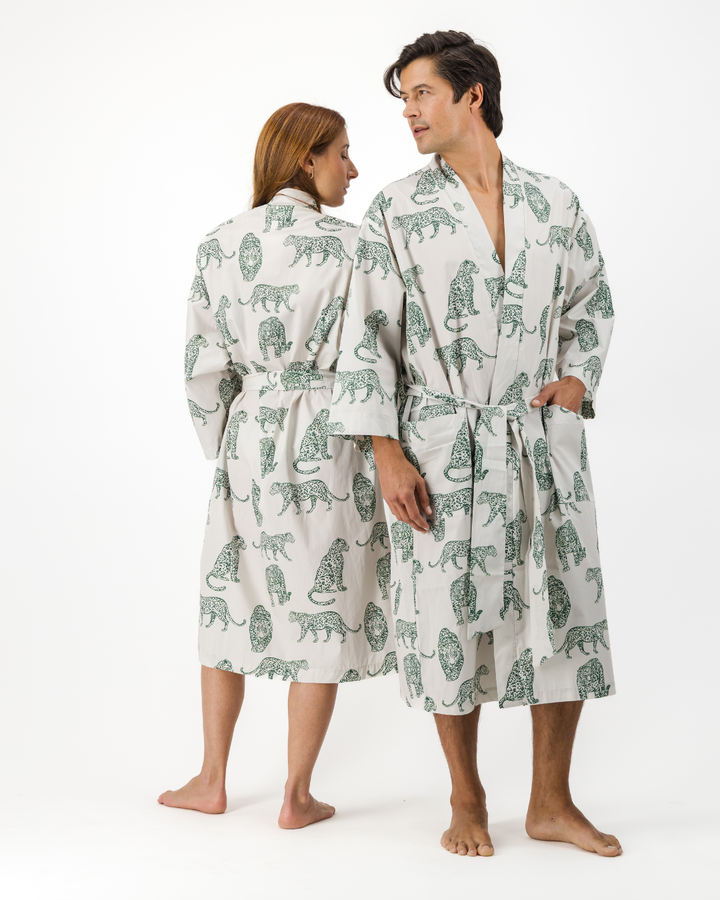 Adults Kimono - Teal Leopard on Off White