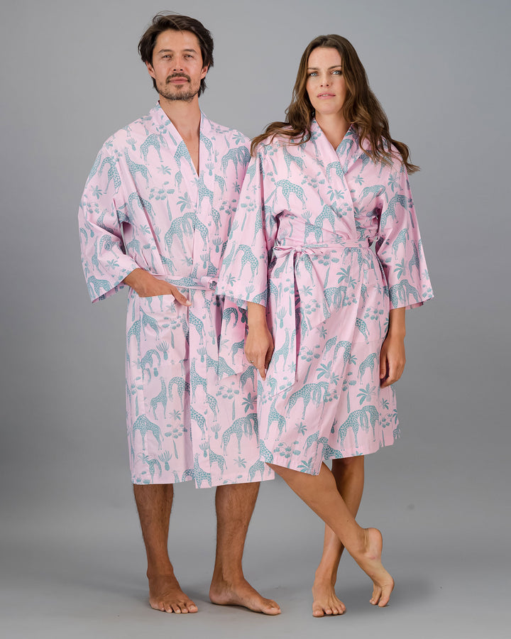 Adults Kimono - Green Giraffes on Pink