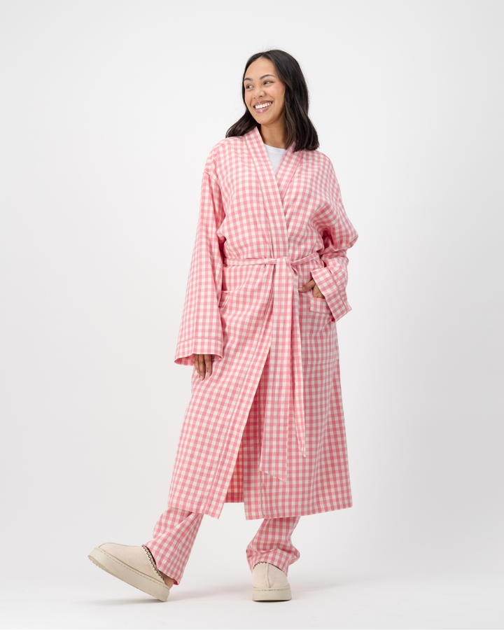 Womens Kimono - Pink Gingham on Cream