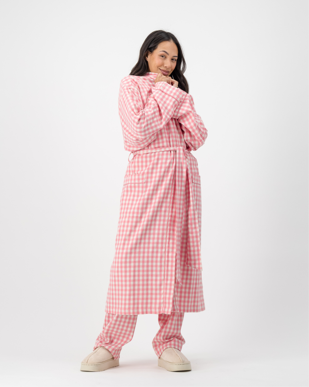 Womens Kimono - Pink Gingham on Cream