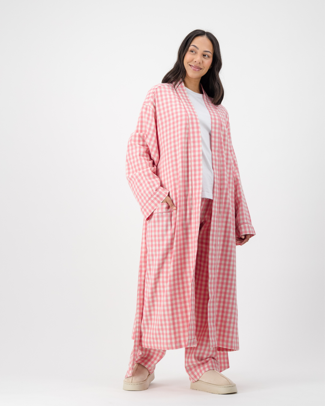 Womens Kimono - Pink Gingham on Cream