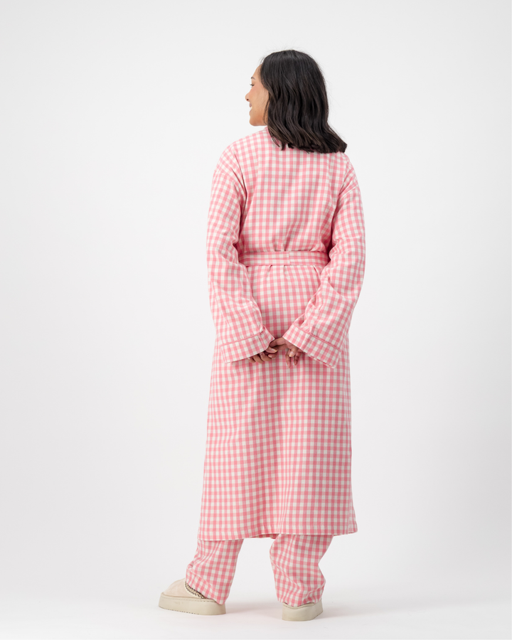 Womens Kimono - Pink Gingham on Cream