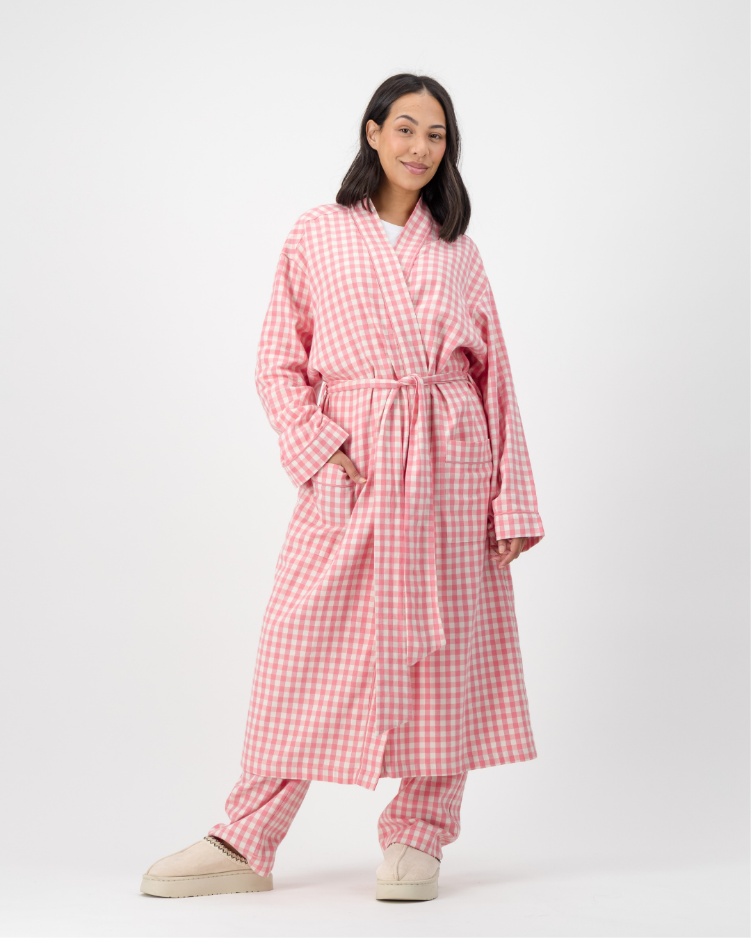 Womens Kimono - Pink Gingham on Cream