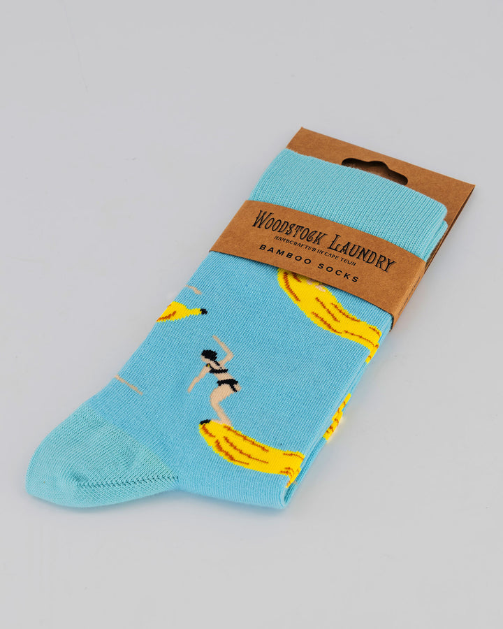 Bamboo Socks - Banana Boards on Blue Packaging - Woodstock Laundry