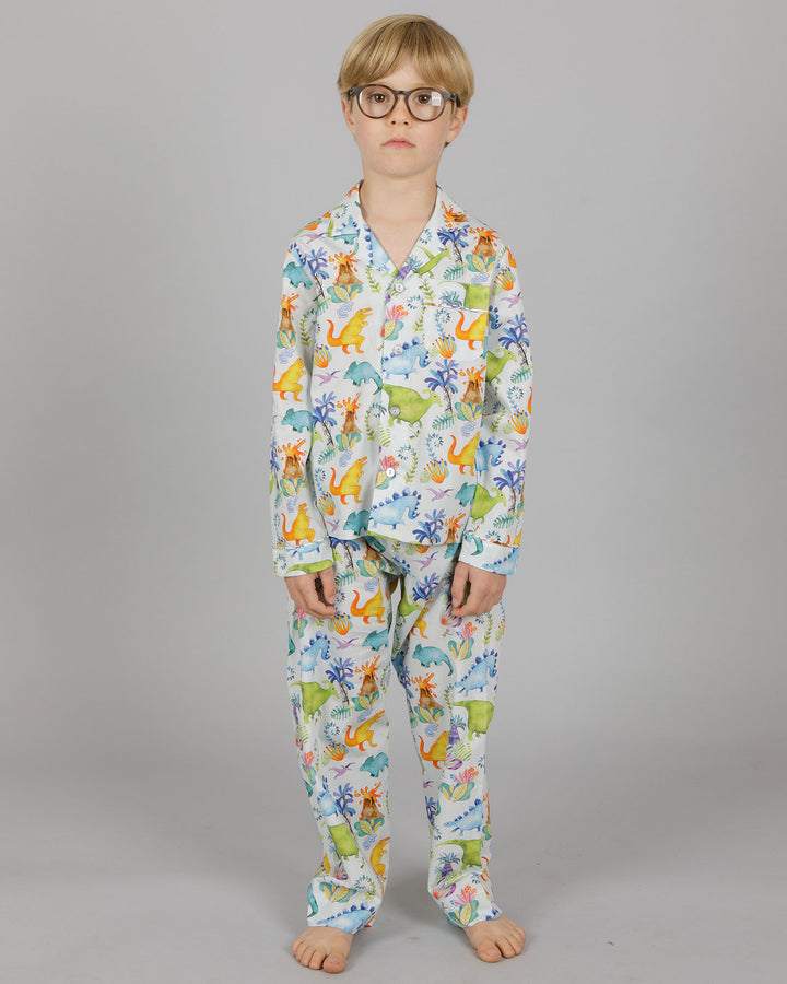 Boys Long Pyjamas Dinosaurs Blue Front - Woodstock Laundry