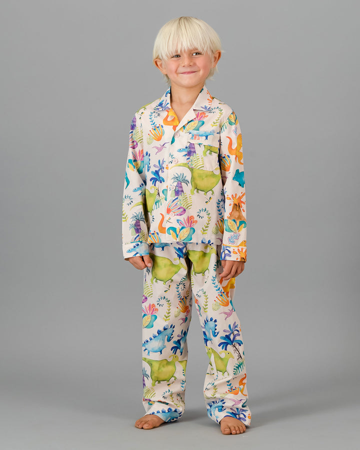 Boys Long Pyjamas Dinosaurs Pink Front - Woodstock Laundry