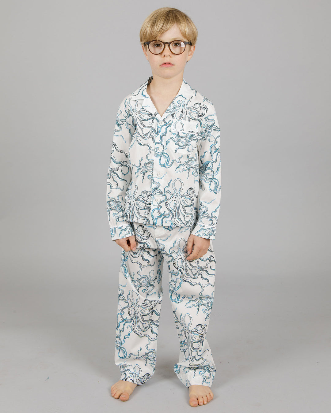 Boys Long Pyjamas Octopus Indigo Front - Woodstock Laundry