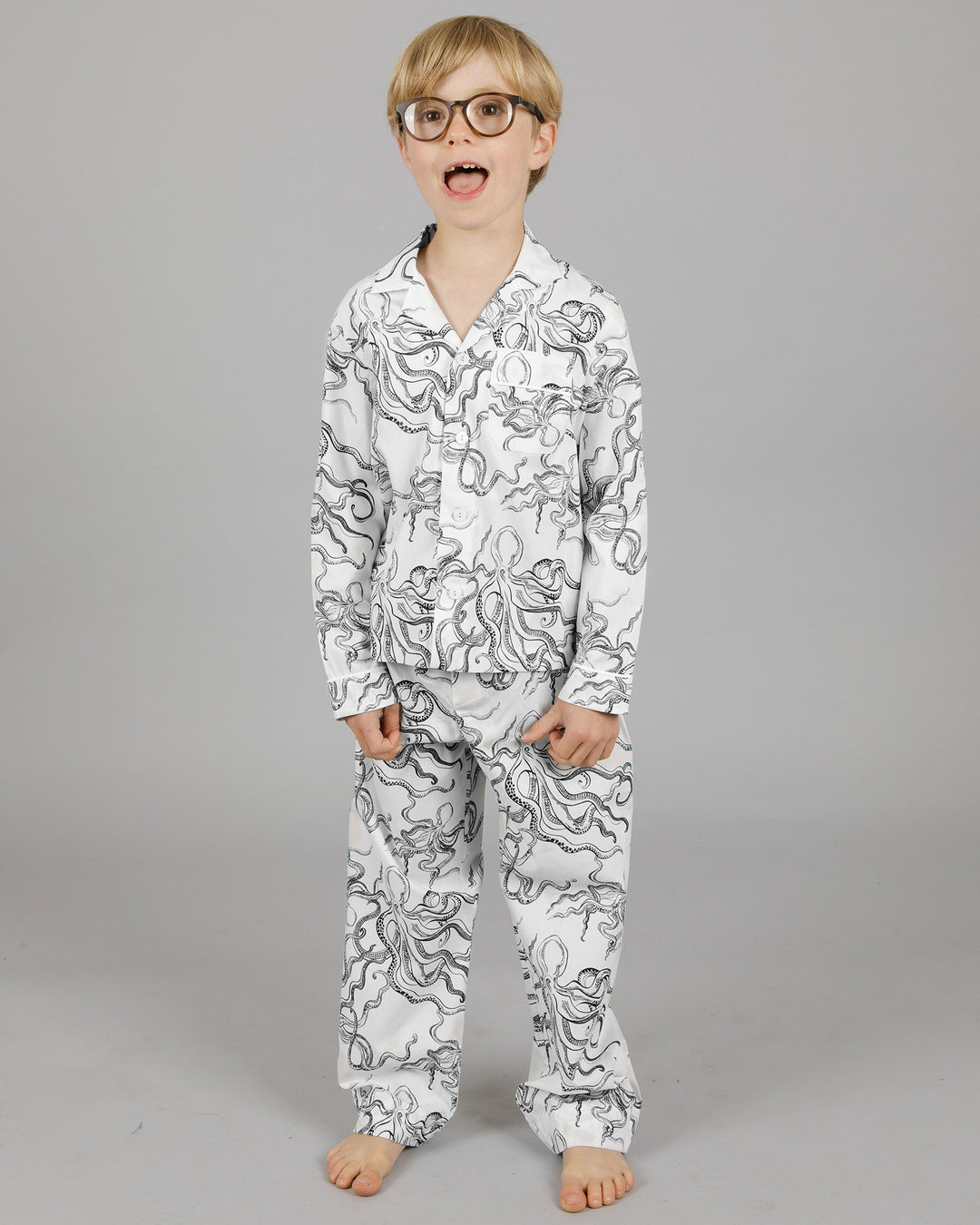 Boys Long Pyjamas Octopus White Front - Woodstock Laundry