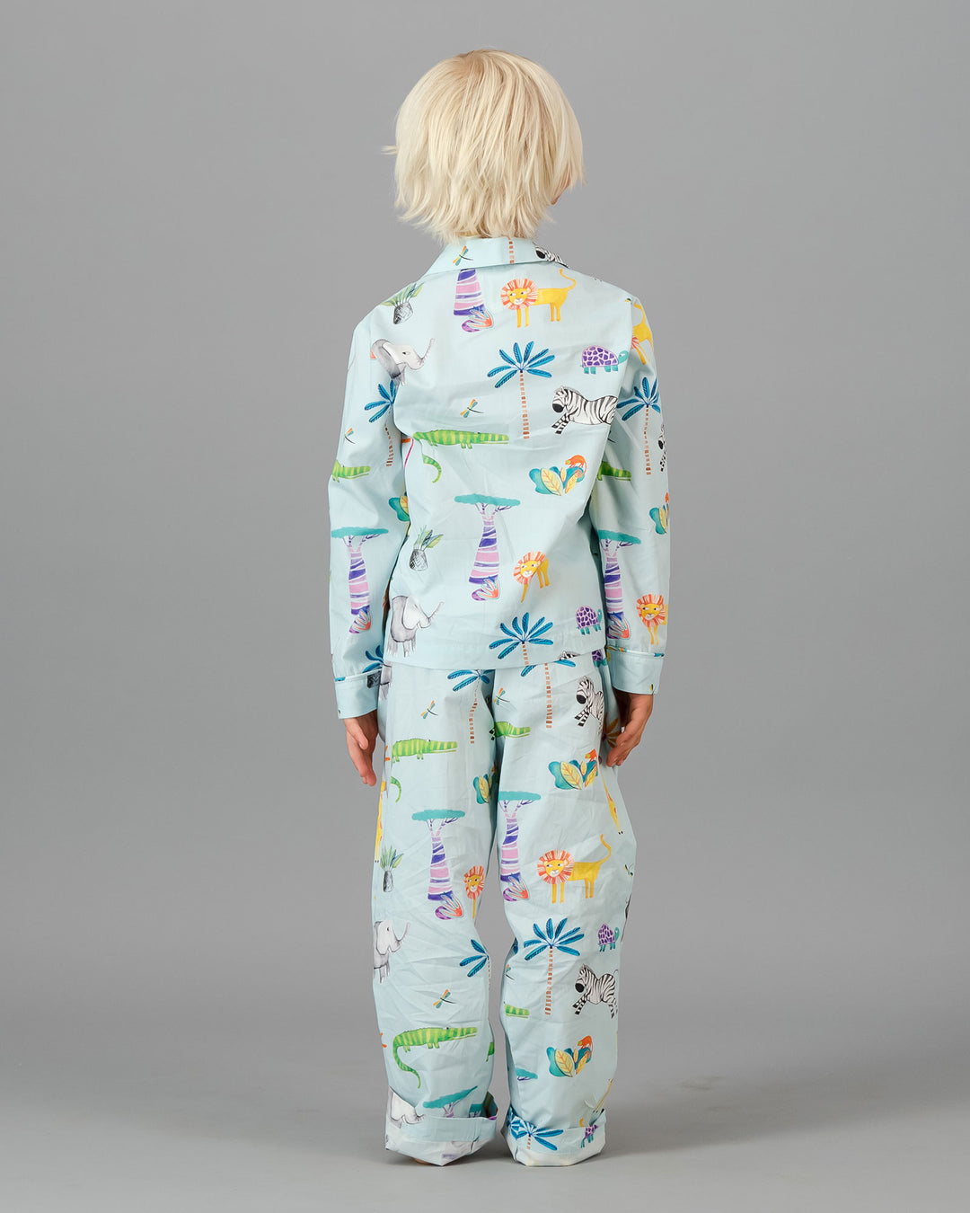 Boys Long Pyjamas Safari on Blue Black - Woodstock Laundry