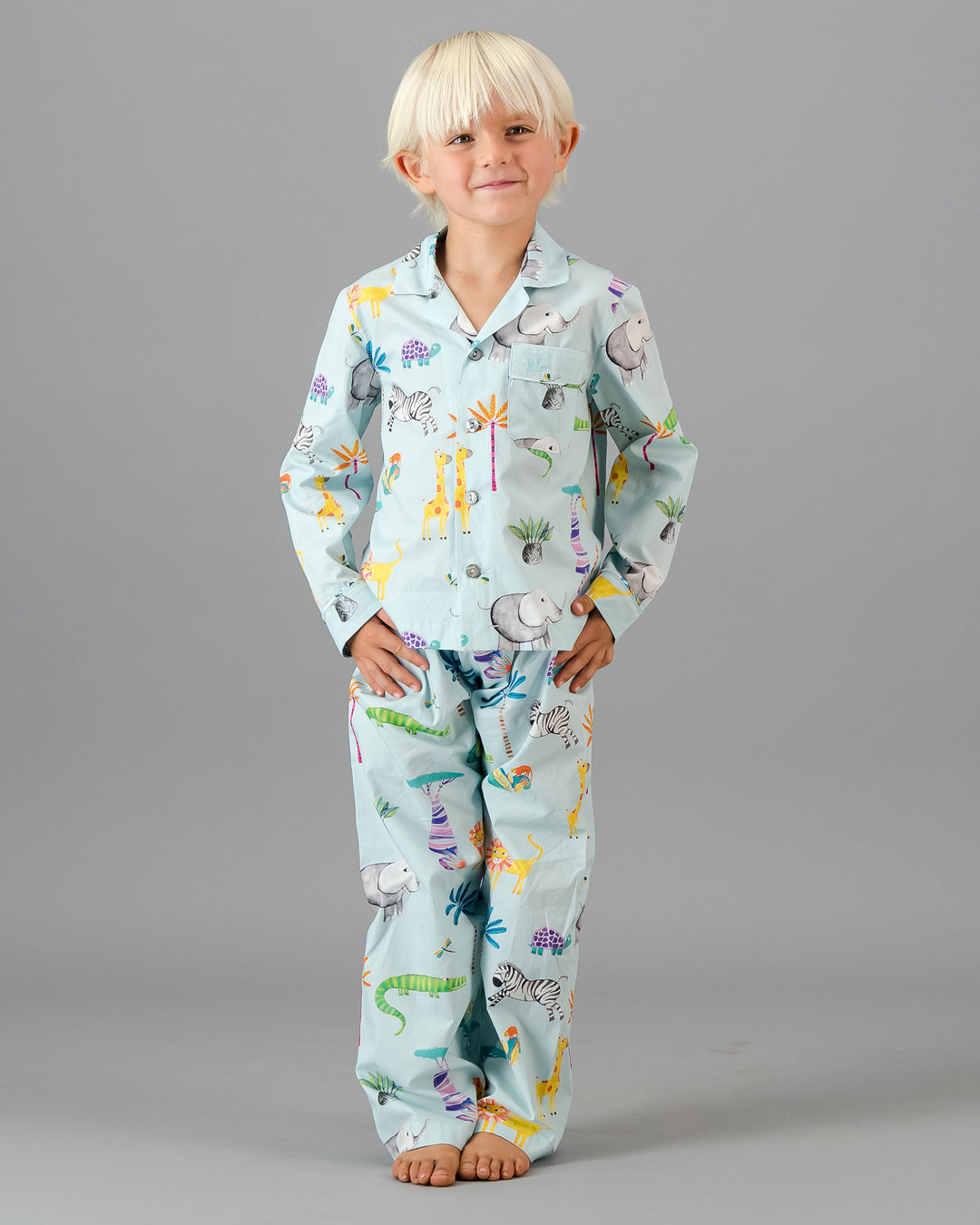 Boys Long Pyjamas Safari on Blue Front - Woodstock Laundry