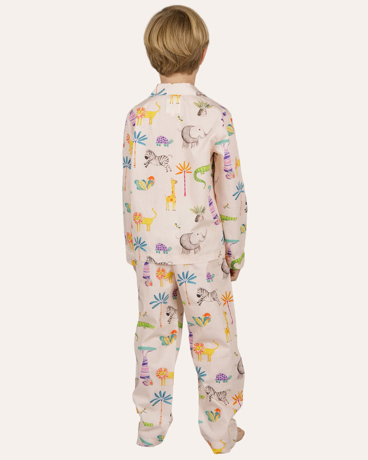 Boys Long Pyjamas Safari on Pink Back - Woodstock Laundry