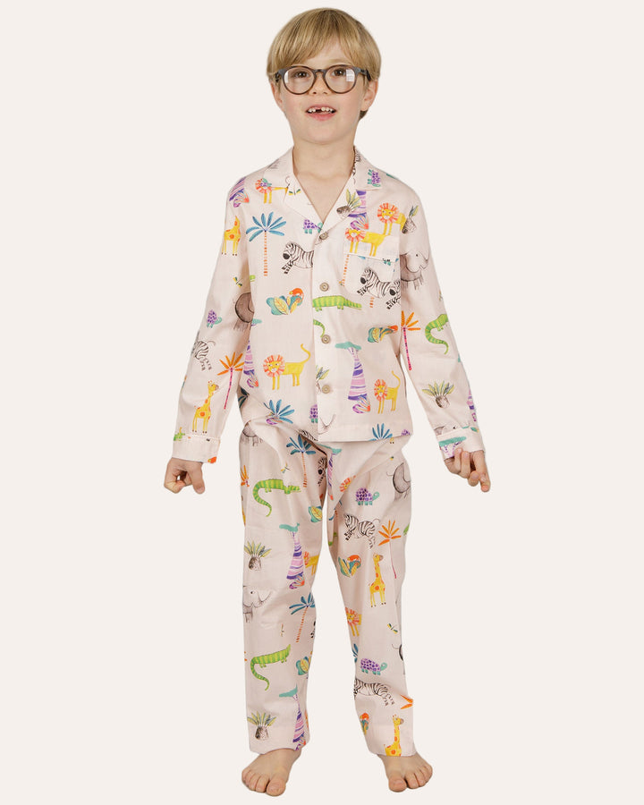 Boys Long Pyjamas Safari on Pink Front - Woodstock Laundry