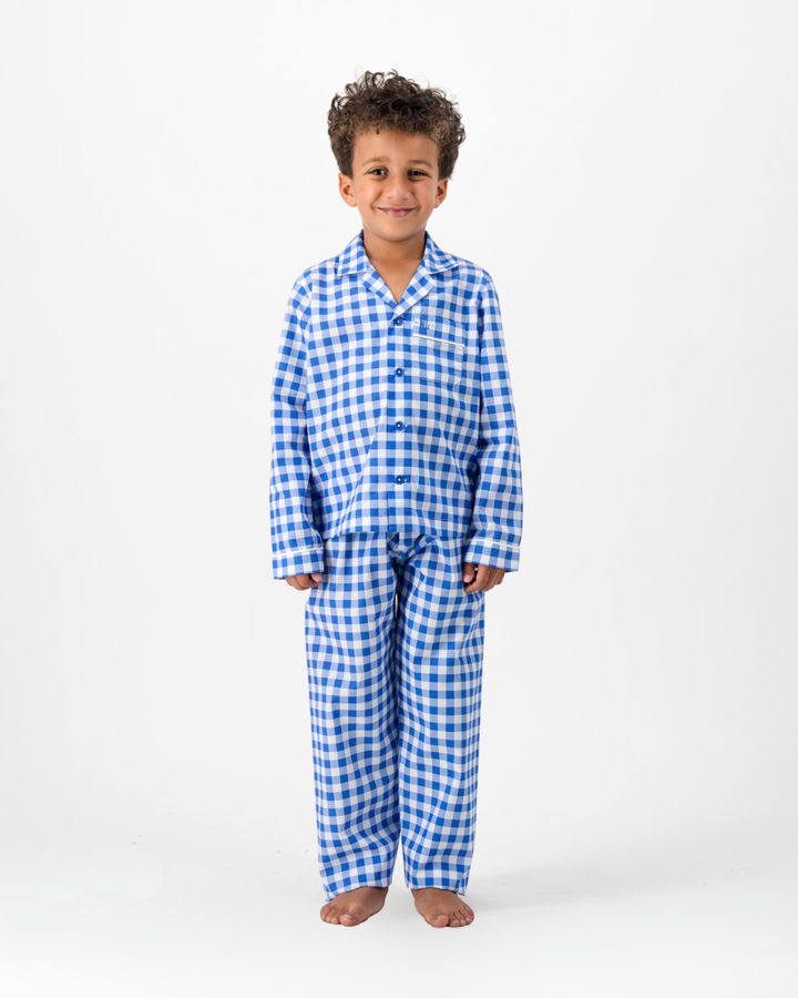 Boys Long Pyjamas - Blue Gingham on White