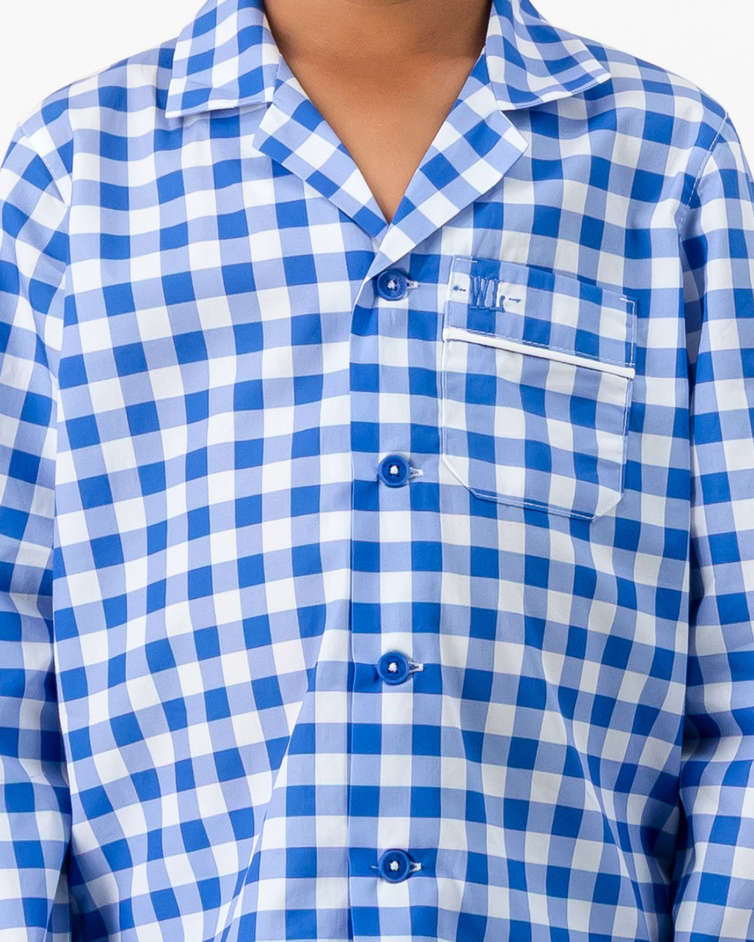 Boys Long Pyjamas - Blue Gingham on White