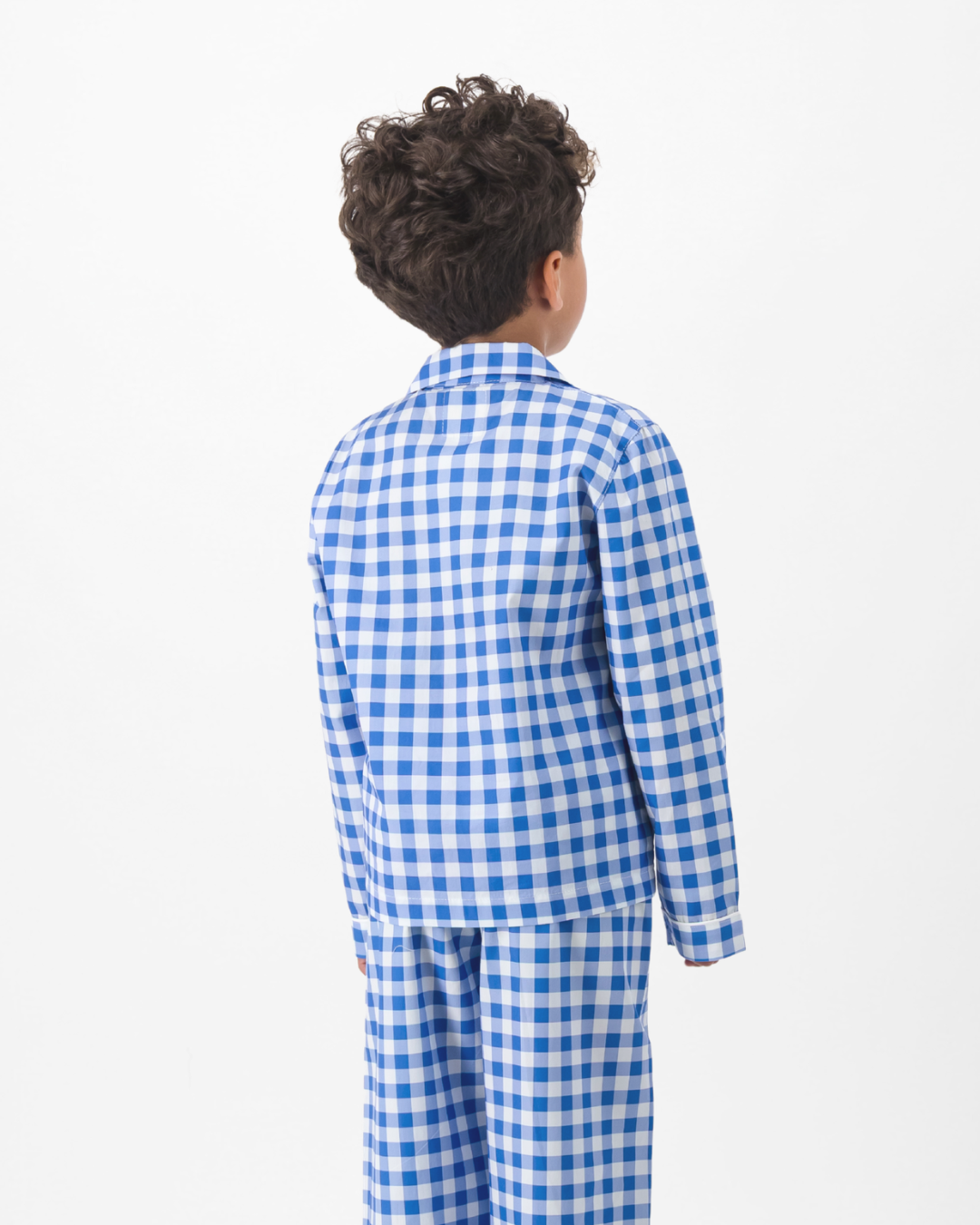 Boys Long Pyjamas - Blue Gingham on White