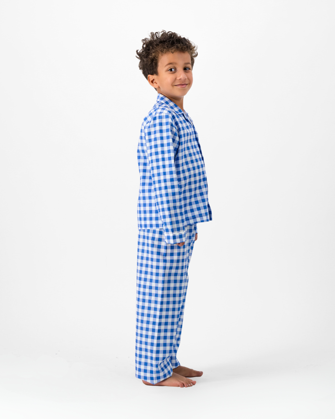 Boys Long Pyjamas - Blue Gingham on White