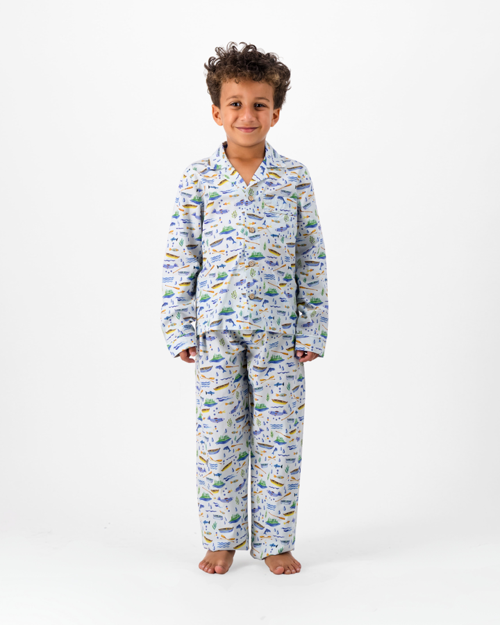 Boys Long Pyjamas - Boats and Fish on Light Blue