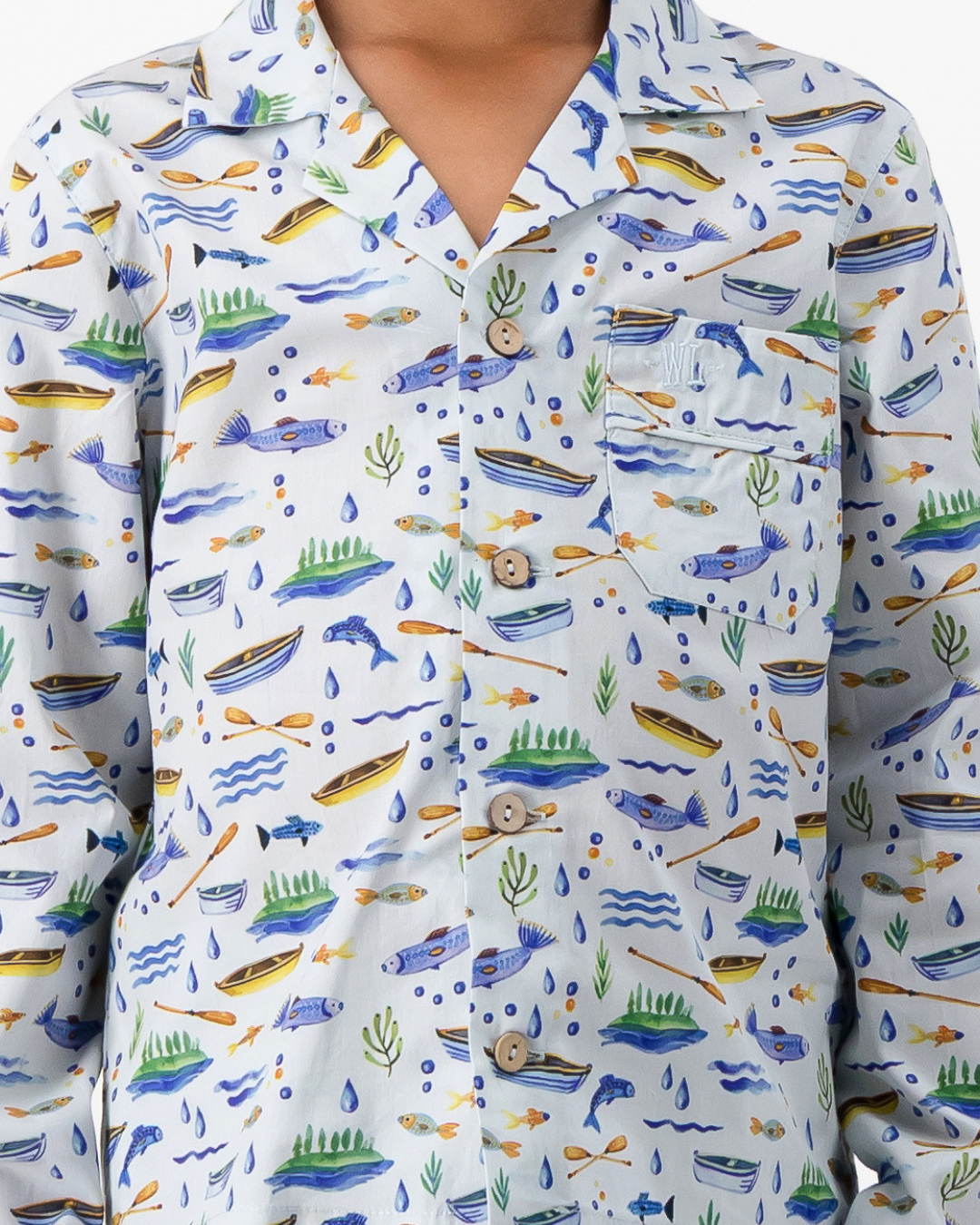 Boys Long Pyjamas - Boats and Fish on Light Blue