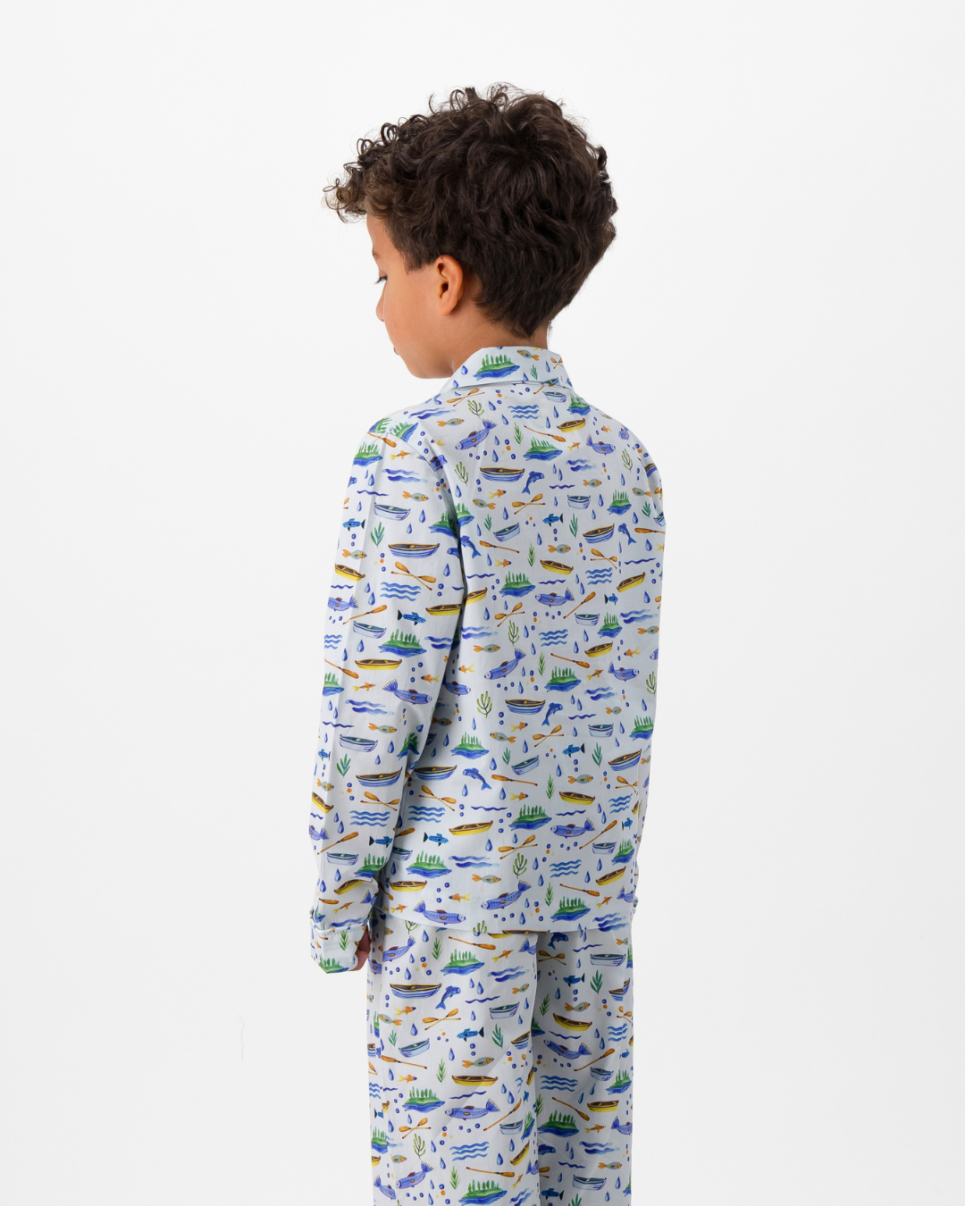 Boys Long Pyjamas - Boats and Fish on Light Blue