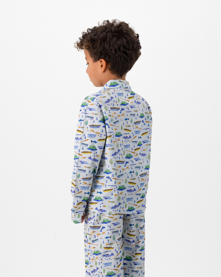 Boys Long Pyjamas - Boats and Fish on Light Blue