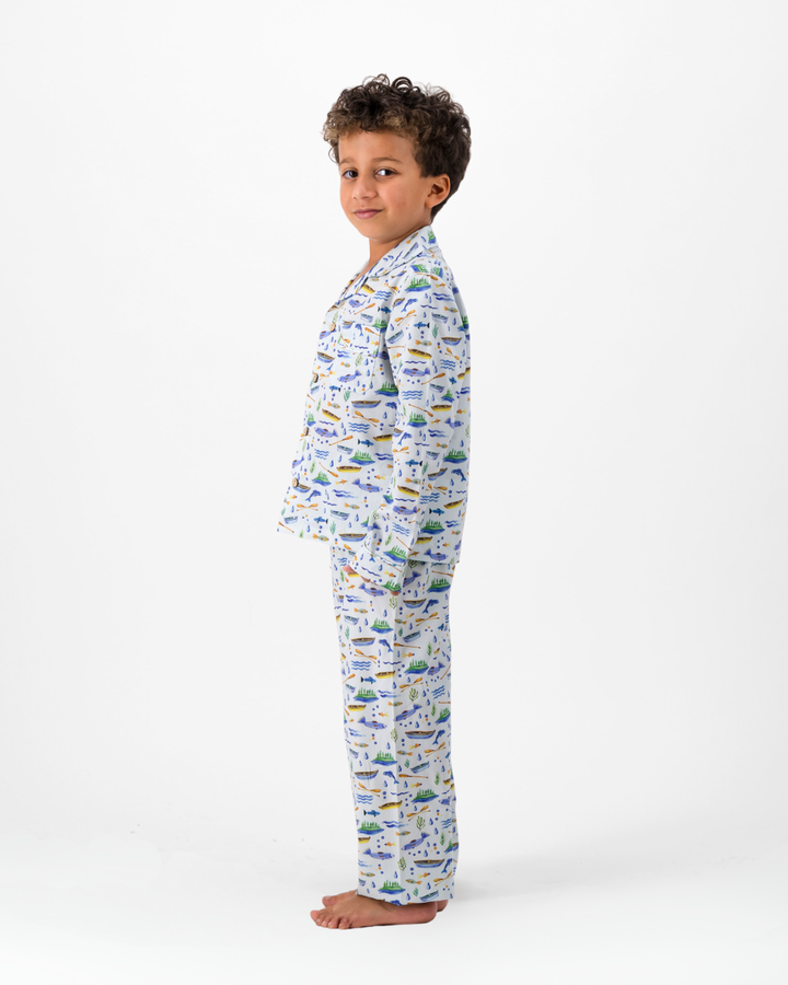 Boys Long Pyjamas - Boats and Fish on Light Blue