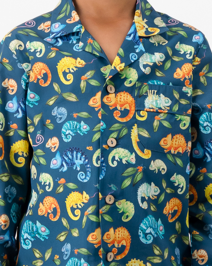 Boys Long Pyjamas - Chameleons on Blue