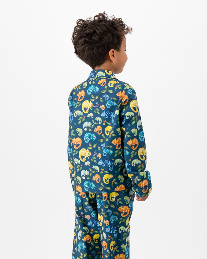 Boys Long Pyjamas - Chameleons on Blue