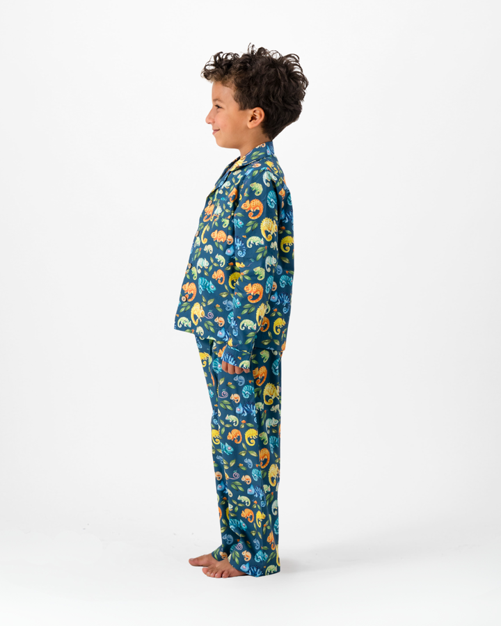 Boys Long Pyjamas - Chameleons on Blue