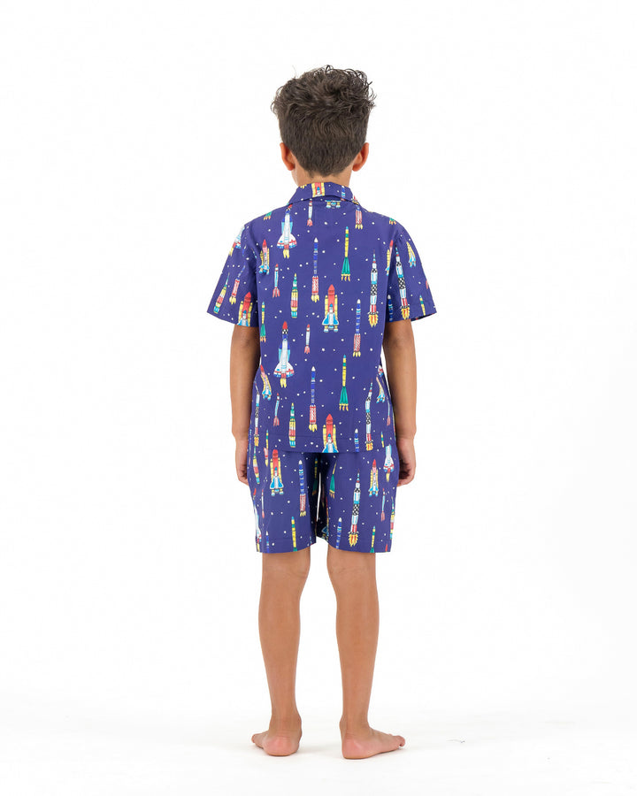 Boys Short Pyjamas - Rocketships on Navy