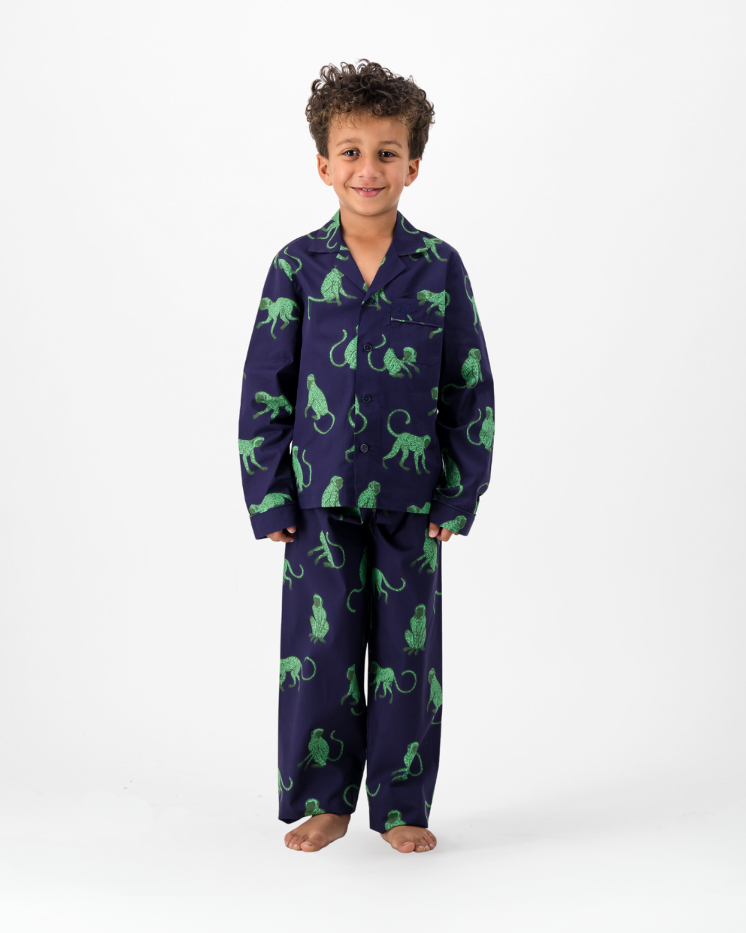 Boys Long Pyjamas - Green Monkey on Navy