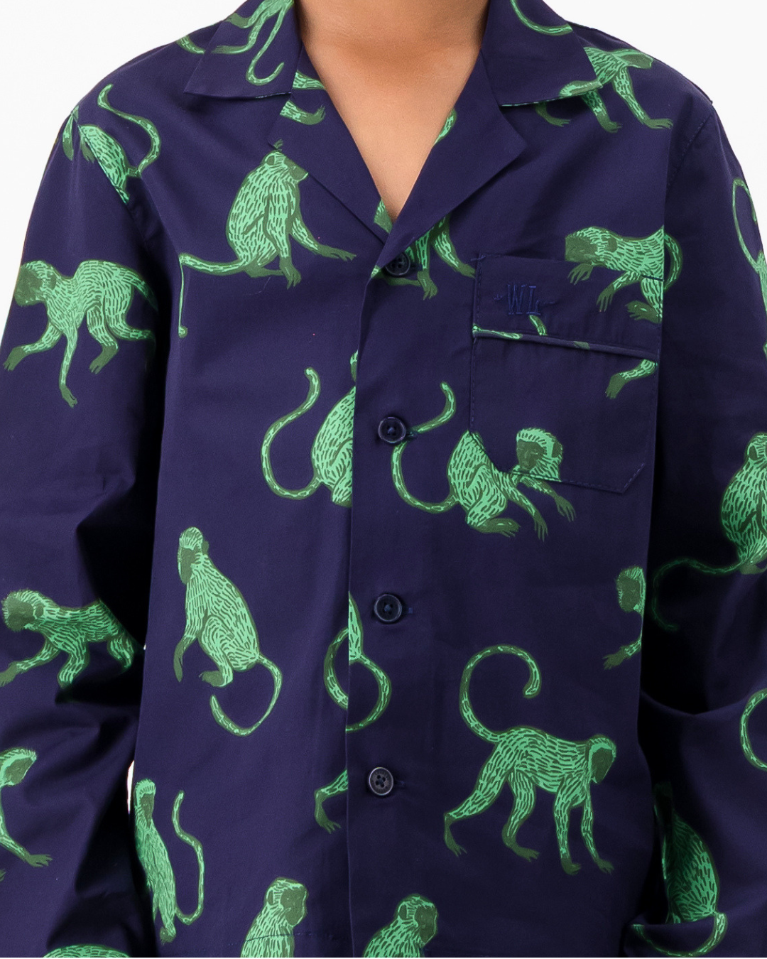 Boys Long Pyjamas - Green Monkey on Navy