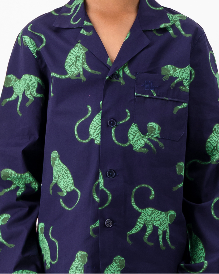 Boys Long Pyjamas - Green Monkey on Navy