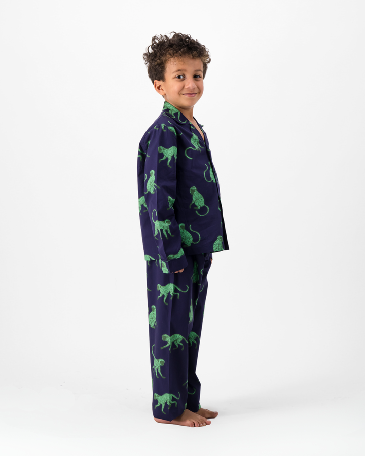 Boys Long Pyjamas - Green Monkey on Navy
