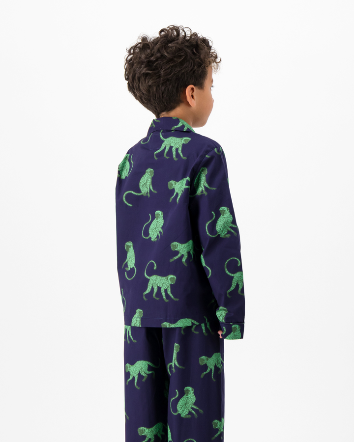 Boys Long Pyjamas - Green Monkey on Navy