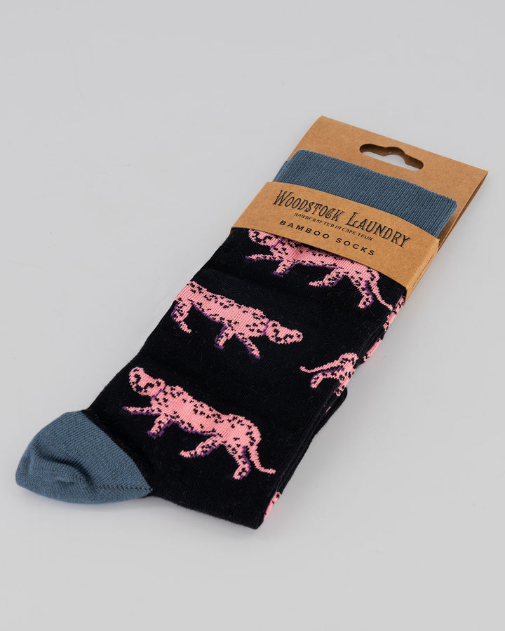 Bamboo Socks - Cheetahs on Charcoal Packaging - Woodstock Laundry