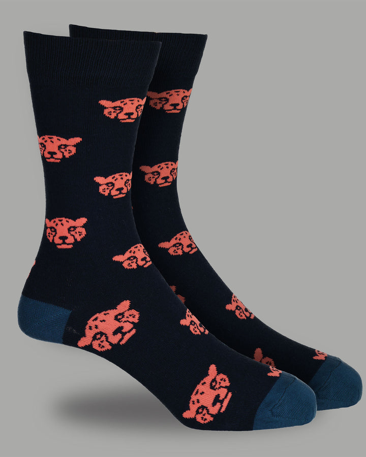 Bamboo Socks - Cheetah Heads on Navy 3D - Woodstock Laundry