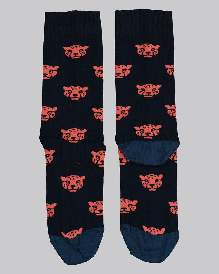 Bamboo Socks - Cheetah Heads on Navy Flat - Woodstock Laundry