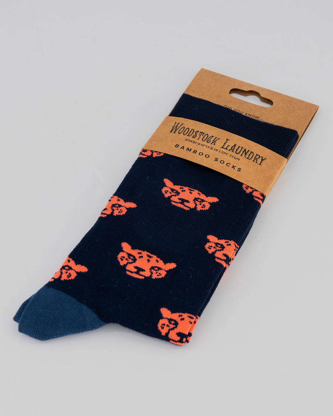 Bamboo Socks - Cheetah Heads on Navy Packaging - Woodstock Laundry