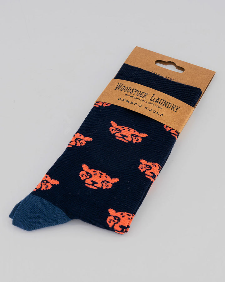 Bamboo Socks - Cheetah Heads on Navy Packaging - Woodstock Laundry