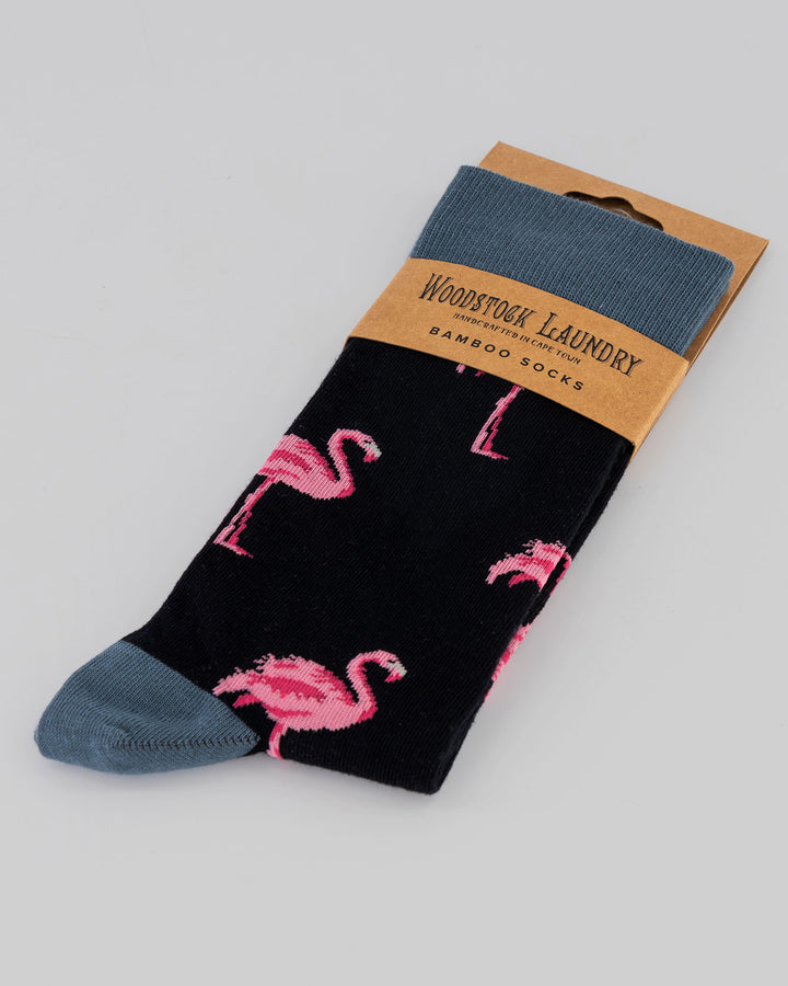 Bamboo Socks - Pink Flamingoes on Black Packaging - Woodstock Laundry