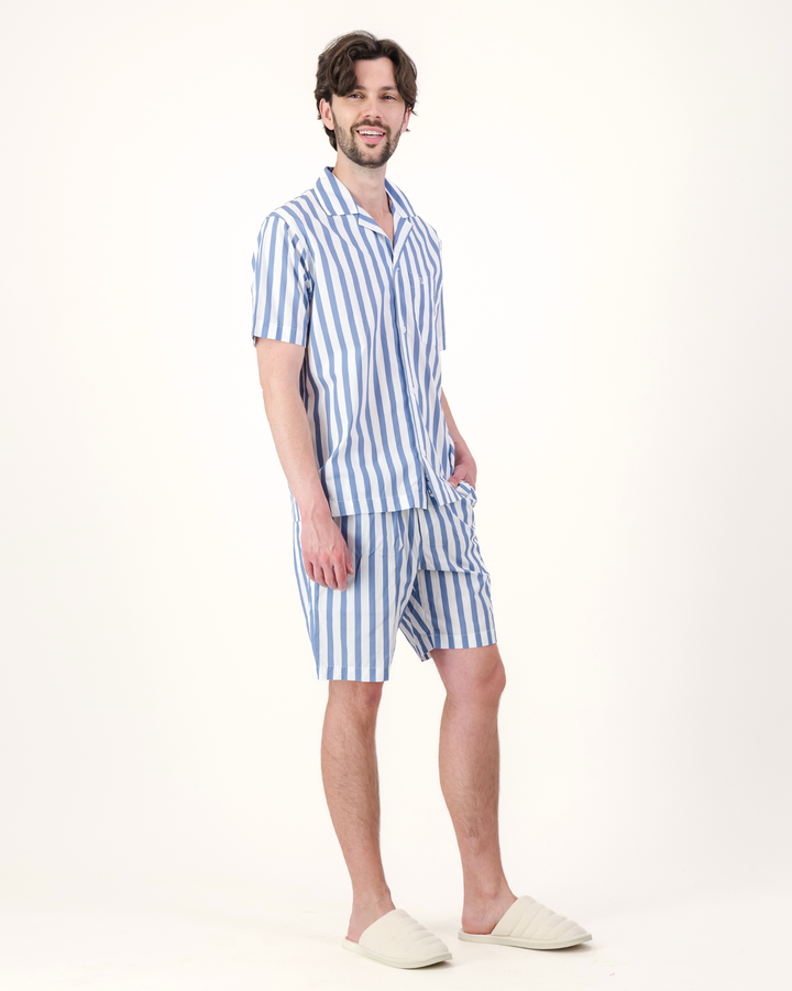 Mens Short Pyjamas - Beach Stripe on White