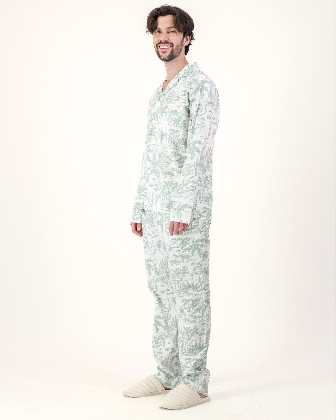 Mens Long Pyjamas - Sage Mono Safari on White